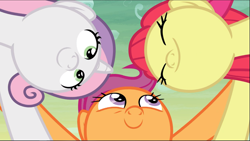 Size: 1667x941 | Tagged: safe, screencap, apple bloom, scootaloo, sweetie belle, earth pony, pegasus, pony, unicorn, g4, growing up is hard to do, adorabloom, cropped, cute, cutealoo, cutie mark crusaders, diasweetes, female, huddle, older, older apple bloom, older cmc, older scootaloo, older sweetie belle, smiling, trio