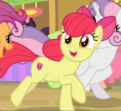 Size: 578x530 | Tagged: safe, screencap, apple bloom, floral pattern, jiffy bake, scootaloo, sweetie belle, earth pony, pegasus, pony, unicorn, g4, growing up is hard to do, adorabloom, cropped, cute, cutie mark crusaders, female, galloping, older, older apple bloom, older scootaloo, older sweetie belle, reaction image, solo focus
