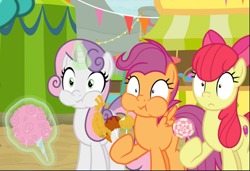 Size: 1179x806 | Tagged: safe, screencap, apple bloom, scootaloo, sweetie belle, earth pony, pegasus, pony, unicorn, g4, growing up is hard to do, candy, cotton candy, cropped, cutie mark crusaders, female, food, glowing horn, horn, levitation, lollipop, magic, older, older apple bloom, older cmc, older scootaloo, older sweetie belle, puffy cheeks, reaction image, shocked, shrunken pupils, telekinesis, trio