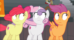 Size: 1638x884 | Tagged: safe, screencap, apple bloom, scootaloo, sweetie belle, earth pony, pegasus, pony, unicorn, g4, growing up is hard to do, cropped, cutie mark crusaders, faic, female, older, older apple bloom, older cmc, older scootaloo, older sweetie belle, shrunken pupils, trio, windswept mane
