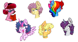 Size: 1979x1057 | Tagged: safe, alternate version, artist:honneymoonmlp, applejack, fluttershy, pinkie pie, rainbow dash, rarity, twilight sparkle, alicorn, earth pony, pegasus, pony, unicorn, g4, alternate hairstyle, blushing, book, bow, ear fluff, hair bow, mane six, simple background, twilight sparkle (alicorn), white background