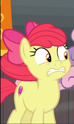 Size: 562x936 | Tagged: safe, screencap, apple bloom, earth pony, pony, unicorn, g4, growing up is hard to do, cropped, faic, female, older, older apple bloom, reaction image, scared, solo, windswept mane