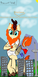 Size: 1080x2160 | Tagged: safe, artist:blossomblaze, artist:calebtyink, centaur, kirin, kirin pegasus, winged kirin, anthro, taur, bow, building, clothes, female, giant kirin, giantess, kirin-taur, macro, mountain, ponytaur universe, sky, solo, spoilers for another series