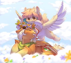 Size: 2300x2055 | Tagged: safe, artist:peachmayflower, oc, oc only, pegasus, pony, cloud, colored wings, colored wingtips, duo, ear fluff, female, floppy ears, floral head wreath, flower, flying, folded wings, high res, leg fluff, lying down, mare, sky, smiling, spread wings, underhoof, wings