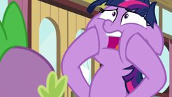 Size: 1920x1080 | Tagged: safe, screencap, spike, twilight sparkle, alicorn, dragon, pony, a trivial pursuit, g4, floppy ears, messy mane, reaction image, squishy cheeks, twilight snapple, twilight sparkle (alicorn), winged spike, wings