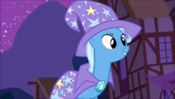 Size: 1280x720 | Tagged: safe, screencap, trixie, pony, unicorn, g4, magic duel, cape, clothes, female, forgiven, grin, hat, looking at someone, mare, night, redemption, smiling, solo, the great and apologetic trixie, trixie's cape, trixie's hat