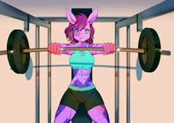 Size: 1400x989 | Tagged: safe, artist:bakki, oc, oc only, oc:amethyst rose, crystal pony, anthro, abs, bench press, breasts, clothes, commission, commissioner:alkonium, exercise, female, muscles, shorts, solo, sports bra, sports shorts, weights, workout