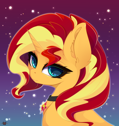 Size: 4704x5000 | Tagged: safe, artist:xsatanielx, sunset shimmer, pony, unicorn, rcf community, g4, abstract background, absurd resolution, bust, cutie mark necklace, ear fluff, female, mare, shiny, signature, smiling, solo