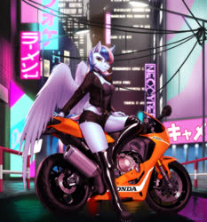 Size: 3077x3300 | Tagged: safe, artist:mykegreywolf, oc, oc only, oc:chrysocolla dawn, pegasus, anthro, anthro oc, boots, city, clothes, commission, cyberpunk, digital art, female, high res, honda, jacket, light, looking at you, mare, midriff, motorcycle, shoes, shorts, solo, thigh boots