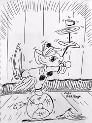 Size: 2885x3860 | Tagged: safe, artist:debmervin, apple bloom, earth pony, pony, g4, balancing, banana peel, clown, female, high res, loop-de-hoop, monochrome, plate spinning, ponies balancing stuff on their nose, solo, traditional art