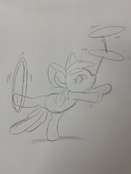 Size: 4032x3024 | Tagged: safe, artist:debmervin, apple bloom, earth pony, pony, g4, balancing, female, loop-de-hoop, monochrome, plate spinning, ponies balancing stuff on their nose, sketch, solo, traditional art