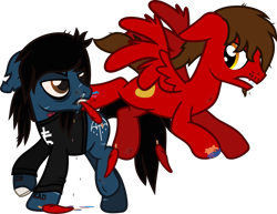 Size: 1281x990 | Tagged: safe, artist:lightningbolt, derpibooru exclusive, oc, oc:chip, earth pony, pegasus, pony, undead, zombie, zombie pony, g4, .svg available, angry, art trade, blood, bloodshot eyes, bone, bring me the horizon, clothes, colored pupils, dripping blood, drop dead clothing, duo, ears back, facial hair, fangs, feather, fight, flying, kicking, lidded eyes, lip piercing, long sleeves, looking at each other, male, nosebleed, oliver sykes, piercing, ponified, rainbow blood, scar, shirt, show accurate, simple background, stallion, stitches, svg, tattered, tattered wings, tattoo, transparent background, vector, wings