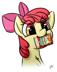 Size: 1080x1359 | Tagged: safe, artist:fakskis, apple bloom, earth pony, pony, g4, beefaroni, bust, chef boyardee, chest fluff, eye clipping through hair, female, filly, mouth hold, portrait, simple background, solo, white background