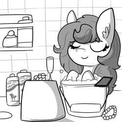 Size: 2250x2250 | Tagged: safe, artist:tjpones, oc, oc only, oc:brownie bun, earth pony, pony, bathing, beautiful, brownie bun without her pearls, bucket, cellphone, champagne glass, eyes closed, female, food, grapes, grayscale, high res, loose hair, mane 'n tail, mare, monochrome, phone, shampoo, smartphone, solo