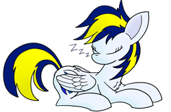 Size: 1239x807 | Tagged: safe, artist:notadeliciouspotato, oc, oc only, oc:huracata, pegasus, pony, chest fluff, eyes closed, female, folded wings, mare, onomatopoeia, prone, simple background, sleeping, solo, sound effects, transparent background, wings, zzz