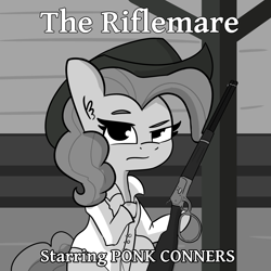 Size: 2250x2250 | Tagged: safe, artist:tjpones, pinkie pie, earth pony, pony, g4, clothes, cowboy hat, dexterous hooves, female, grayscale, gun, hat, high res, hoof hold, lever action rifle, mare, monochrome, ponk, rifle, shirt, solo, the rifleman, weapon