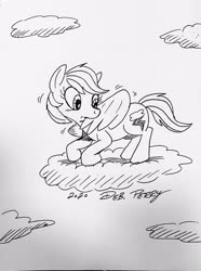Size: 2838x3809 | Tagged: safe, artist:debmervin, rainbow dash, pegasus, pony, g4, cloud, female, grooming, high res, monochrome, preening, solo, traditional art, wings
