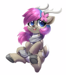 Size: 1400x1600 | Tagged: safe, artist:oofycolorful, oc, oc only, deer, chest fluff, clothes, cute, deer oc, pale belly, scarf, sitting, solo, unshorn fetlocks