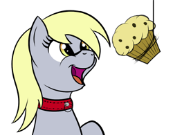 Size: 876x685 | Tagged: safe, artist:trash anon, derpy hooves, pony, g4, collar, eyes on the prize, female, food, happy, muffin, open mouth, simple background, smiling, solo, white background, yellow eyes