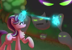 Size: 2267x1596 | Tagged: safe, artist:puetsua, starlight glimmer, ghost, pony, undead, unicorn, g4, chest fluff, context in description, dark dream, female, glowing horn, horn, lidded eyes, magic, mare, raised hoof, shooting, tree, video game