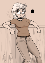 Size: 3088x4232 | Tagged: safe, artist:paskanaakka, derpibooru exclusive, applejack, human, g4, choker, clothes, female, freckles, humanized, jeans, leaning, monochrome, pants, shirt, smiling, solo, t-shirt