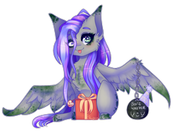 Size: 1602x1223 | Tagged: safe, artist:honeybbear, oc, oc only, oc:tiazi mossygreen, pegasus, pony, cheek fluff, chest fluff, female, hat, mare, party hat, present, simple background, solo, tongue out, transparent background, wingding eyes