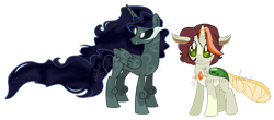 Size: 1600x702 | Tagged: safe, artist:ipandacakes, oc, oc only, changepony, hybrid, base used, duo, interspecies offspring, magical lesbian spawn, offspring, parent:nightmare moon, parent:rabia, parent:sunburst, parent:thorax, parents:thoraxburst, simple background, transparent background, watermark