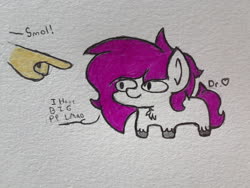 Size: 2576x1932 | Tagged: safe, artist:drheartdoodles, oc, oc only, oc:dr.heart, earth pony, human, pony, big pp, chest fluff, chibi, hand, heart, implied pewdiepie, lmao, male, pointing, smiling, smol, solo focus, squatpony, stallion, traditional art, unshorn fetlocks, wide eyes