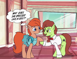 Size: 1867x1439 | Tagged: safe, artist:drafthoof, artist:vedont, edit, oc, oc only, oc:oil drop, oc:rusty gears, earth pony, pony, bow, bowtie, clothes, dancing, dress, duo, engrish, necktie, shirt