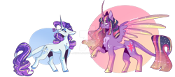 Size: 1600x711 | Tagged: safe, alternate version, artist:akiiichaos, rarity, twilight sparkle, alicorn, pony, g4, concave belly, curved horn, deviantart watermark, duo, female, glasses, horn, leonine tail, mare, obtrusive watermark, pale belly, slender, tail, thin, twilight sparkle (alicorn), watermark