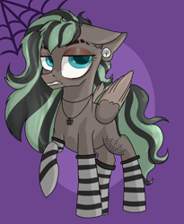 Size: 3224x3936 | Tagged: safe, artist:dumbwoofer, oc, oc only, oc:forest air, pegasus, pony, clothes, dyed mane, e-girl, ear piercing, edgy, eyebrow slit, eyebrows, gauges, high res, piercing, socks, solo, striped socks, tattoo, teenager