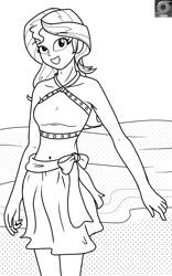 Size: 1600x2560 | Tagged: safe, artist:9987neondraws, sunset shimmer, equestria girls, g4, belly button, clothes, female, lineart, monochrome, sarong, solo, swimsuit