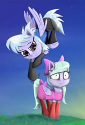 Size: 1280x1883 | Tagged: safe, artist:chopsticks, cloudchaser, flitter, pegasus, pony, g4, bow, cheek fluff, chest fluff, clothes, dress, duo, duo female, ear fluff, female, flying, grass, grass field, hair bow, hoof fluff, mare, siblings, sisters, smiling, smirk, socks, startled, twins