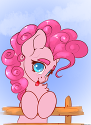 Size: 2000x2750 | Tagged: safe, artist:skitsroom, pinkie pie, earth pony, pony, g4, chest fluff, cute, diapinkes, female, fence, high res, looking at you, solo, tongue out