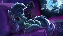 Size: 1920x1080 | Tagged: safe, artist:tinybenz, oc, oc only, earth pony, pony, commission, couch, earbuds, female, goggles, loading screen, mare, not lyra, solo, stellaris