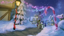 Size: 1920x1080 | Tagged: safe, artist:tinybenz, oc, oc only, alicorn, bat pony, bat pony alicorn, pony, candy, candy cane, clothes, food, horn, scarf, shared clothing, shared scarf, snow, streetlight, tree, winter
