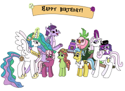 Size: 3243x2357 | Tagged: safe, artist:supahdonarudo, cheerilee, doctor fauna, fleur-de-lis, lix spittle, princess celestia, prominence, tree hugger, alicorn, dog, dragon, earth pony, parrot pirates, pony, unicorn, g4, my little pony: the movie, banner, birthday, cake, cheeribetes, crossover, cute, dragoness, female, fleurabetes, food, hat, high res, huggerbetes, knife, levitation, littlest pet shop, magic, mare, microphone, nicole oliver, pirate, promibetes, simple background, spoon, telekinesis, transparent background, voice actor joke, zoe trent