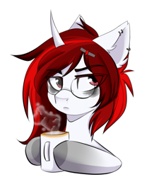 Size: 701x871 | Tagged: safe, artist:cloud-fly, oc, oc only, oc:hallowed thorn, pony, unicorn, bags under eyes, coffee mug, colored hooves, ear piercing, earring, eyebrows, eyebrows visible through hair, female, glasses, hairpin, jewelry, mare, mug, piercing, simple background, solo, transparent background