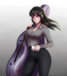 Size: 875x1000 | Tagged: safe, artist:the-park, octavia melody, human, black hair, cello, cello case, cellphone, clothes, female, gray background, humanized, long hair, looking at you, musical instrument, pants, phone, purple eyes, simple background, solo, standing