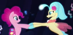 Size: 1047x508 | Tagged: safe, screencap, pinkie pie, princess skystar, earth pony, pony, seapony (g4), g4, my little pony: the movie, cropped, cute, diapinkes, dorsal fin, female, fin, fin wings, fins, fish tail, flower, flower in hair, flowing mane, flowing tail, glowing, holding hands, jewelry, looking at each other, looking at someone, mare, necklace, ocean, one small thing, open mouth, open smile, pearl necklace, scales, seaponified, seapony pinkie pie, seaquestria, seashell necklace, smiling, smiling at each other, species swap, swimming, tail, that pony sure does love being a seapony, underwater, water, wings
