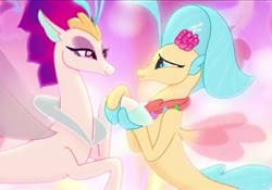 Size: 767x537 | Tagged: safe, screencap, princess skystar, queen novo, seapony (g4), g4, my little pony: the movie, blue eyes, blue mane, collar, crown, dorsal fin, eyelashes, female, fin, fin wings, fins, jewelry, lidded eyes, looking at each other, looking at someone, mother and child, mother and daughter, necklace, one small thing, out of context, pearl necklace, purple eyes, regalia, seaquestria, smiling, smiling at each other, underwater, water, wings