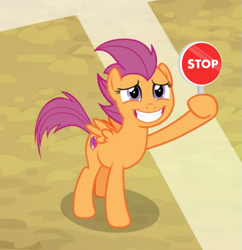 Size: 529x546 | Tagged: safe, edit, edited screencap, screencap, scootaloo, pegasus, pony, g4, growing up is hard to do, cropped, female, grin, hoof hold, hooves, mare, older, older scootaloo, smiling, solo, spread wings, stop sign, windswept mane, wings