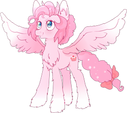 Size: 1443x1286 | Tagged: safe, artist:zosanhead, pinkie pie, pegasus, pony, g4, bow, chest fluff, female, g5 concept leak style, g5 concept leaks, mare, pegasus pinkie pie, pinkie pie (g5 concept leak), race swap, redesign, simple background, smiling, solo, spread wings, transparent background, wings