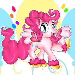 Size: 1024x1024 | Tagged: safe, artist:doraeartdreams-aspy, pinkie pie, pegasus, pony, g4, female, g5 concept leak style, g5 concept leaks, happy, hooves, mare, pegasus pinkie pie, pinkie pie (g5 concept leak), race swap, raised hoof, redesign, simple background, smiling, solo, spread wings, transparent background, wings