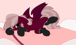 Size: 1332x796 | Tagged: safe, artist:php146, edit, oc, oc only, oc:burgundy fang, bat pony, pony, bat pony oc, bed, bedroom eyes, clothes, cute, female, fluffy, frilly socks, leash, looking at you, mare, on bed, socks, solo
