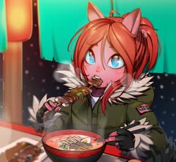 Size: 2000x1845 | Tagged: safe, artist:mfus, oc, oc only, oc:seraphic crimson, anthro, chopsticks, clothes, eating, femboy, food, jacket, kebab, male, meat, noodles, outdoors, ponies eating meat, ponytail, ramen, red hair, shishkebab, skewer, solo