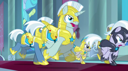 Size: 2000x1123 | Tagged: safe, screencap, jade barricade, silver sable, pony, unicorn, g4, the ending of the end, armor, charge, female, galloping, guardsmare, helmet, hoof shoes, male, mare, royal guard, royal guard armor, stallion, unicorn royal guard, unnamed character, unnamed pony