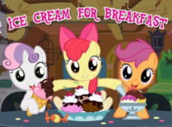 Size: 482x355 | Tagged: safe, gameloft, apple bloom, scootaloo, sweetie belle, earth pony, pegasus, pony, unicorn, g4, adorabloom, breakfast, cute, cutealoo, cutie mark crusaders, dessert, diasweetes, female, filly, food, ice cream, looking at you, meme, ribbon, table, text, this will end in weight gain, tongue out, wow! glimmer