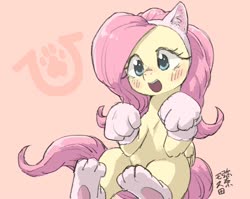 Size: 1504x1200 | Tagged: safe, artist:yanamosuda, fluttershy, cat, pony, g4, animal costume, blushing, cat ears, cat paws, clothes, costume, cute, ear fluff, female, fluttercat, mare, open mouth, paw gloves, paw socks, pink background, shyabetes, simple background, sitting, solo
