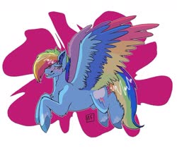 Size: 1080x909 | Tagged: safe, artist:artistic foxsy, rainbow dash, pegasus, pony, g4, colored wings, female, flying, g5 concept leak style, g5 concept leaks, hooves, mare, multicolored wings, rainbow dash (g5 concept leak), rainbow wings, redesign, simple background, solo, wings